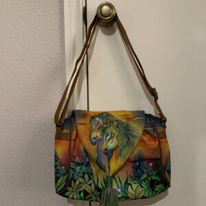 Anuschka Horses at Sunset Hand-painted Leather Crossbody Bag